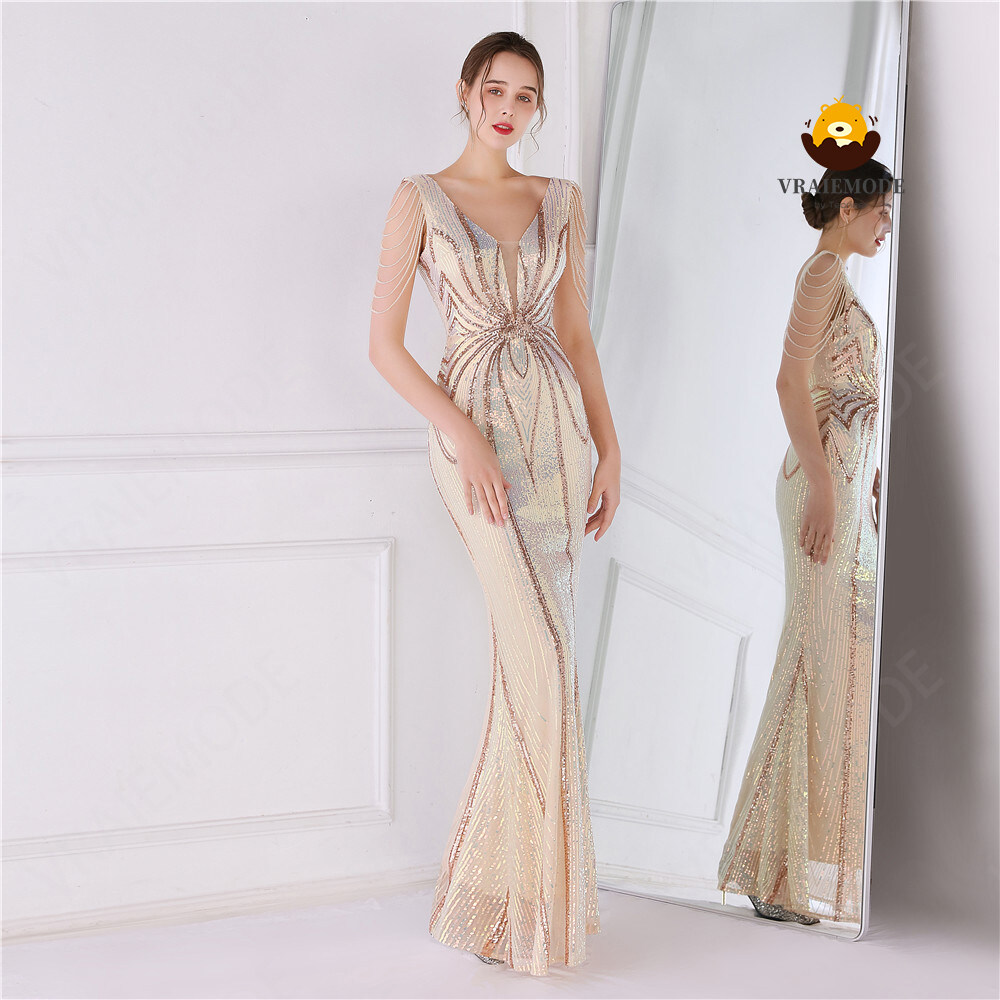 Trumpet/Mermaid Evening Dress Beading Sleeveless Party Gown V-Neck with Sequins Sparkle & Shine Formal Dress Floor-Length Female Robe ราคา 3,196 บาท*ส่งฟรี