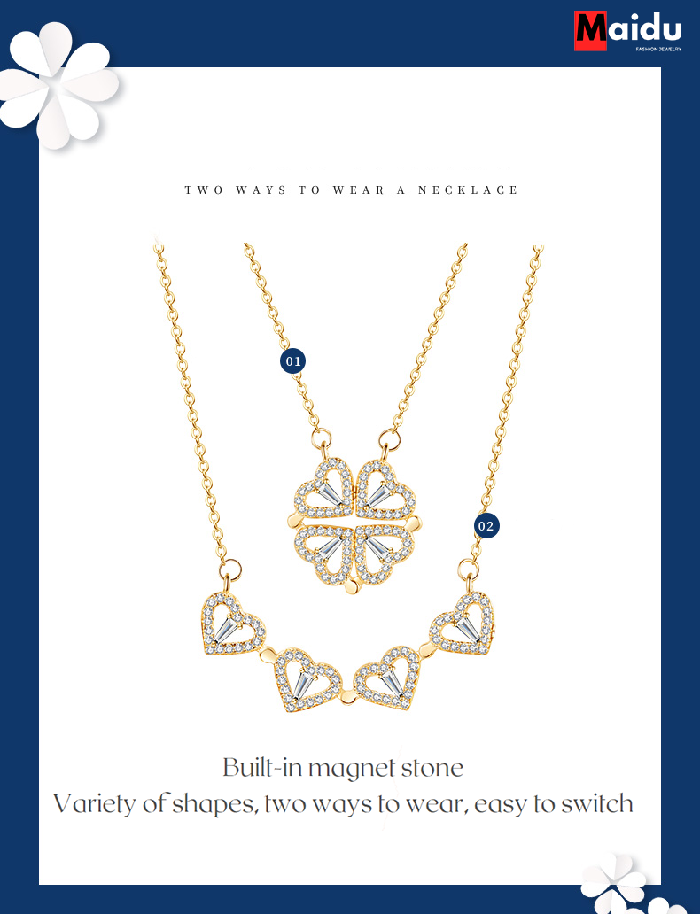 Maidu Jewelry Gấp Bốn cỏ ba lá Mặt dây chuyền Vòng cổ Cặp đôi May mắn Bốn trái tim Lá Vòng cổ pha lê cho phụ nữ Ngày lễ tình nhân Ngày của mẹ Quà tặng Chuỗi xương đòn bằng thép Titan