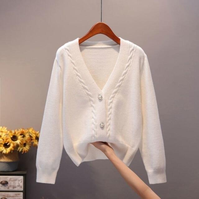 Áo len cardigan áo len nữ rộng cổ chữ v ngọc trai áo len dày áo dệt kim dài tay