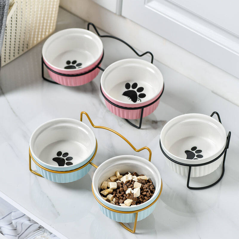 Ceramic Elevated Cat Bowl with Metal Stand Protect Spine Pet Feeder Cute Cartoon Food and Water Feeding Bowls for Cats and Puppy