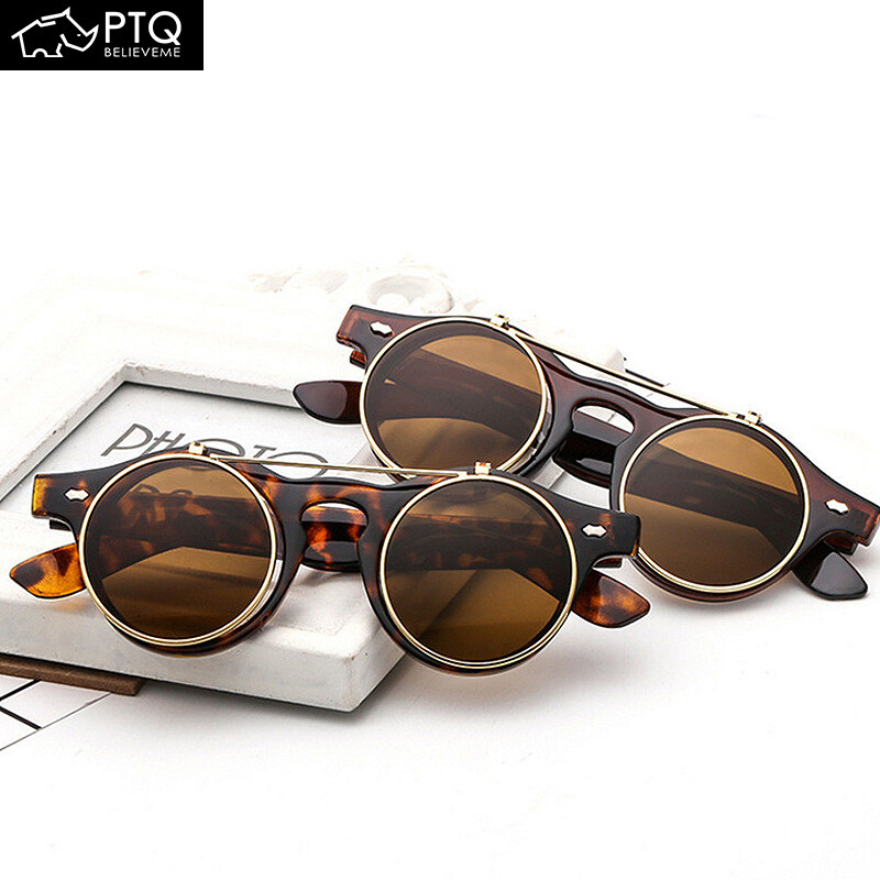 PTQ New Round Frame Sunglasses European and American Style Flip Ins Fashion Sun Glasses Retro Glasses