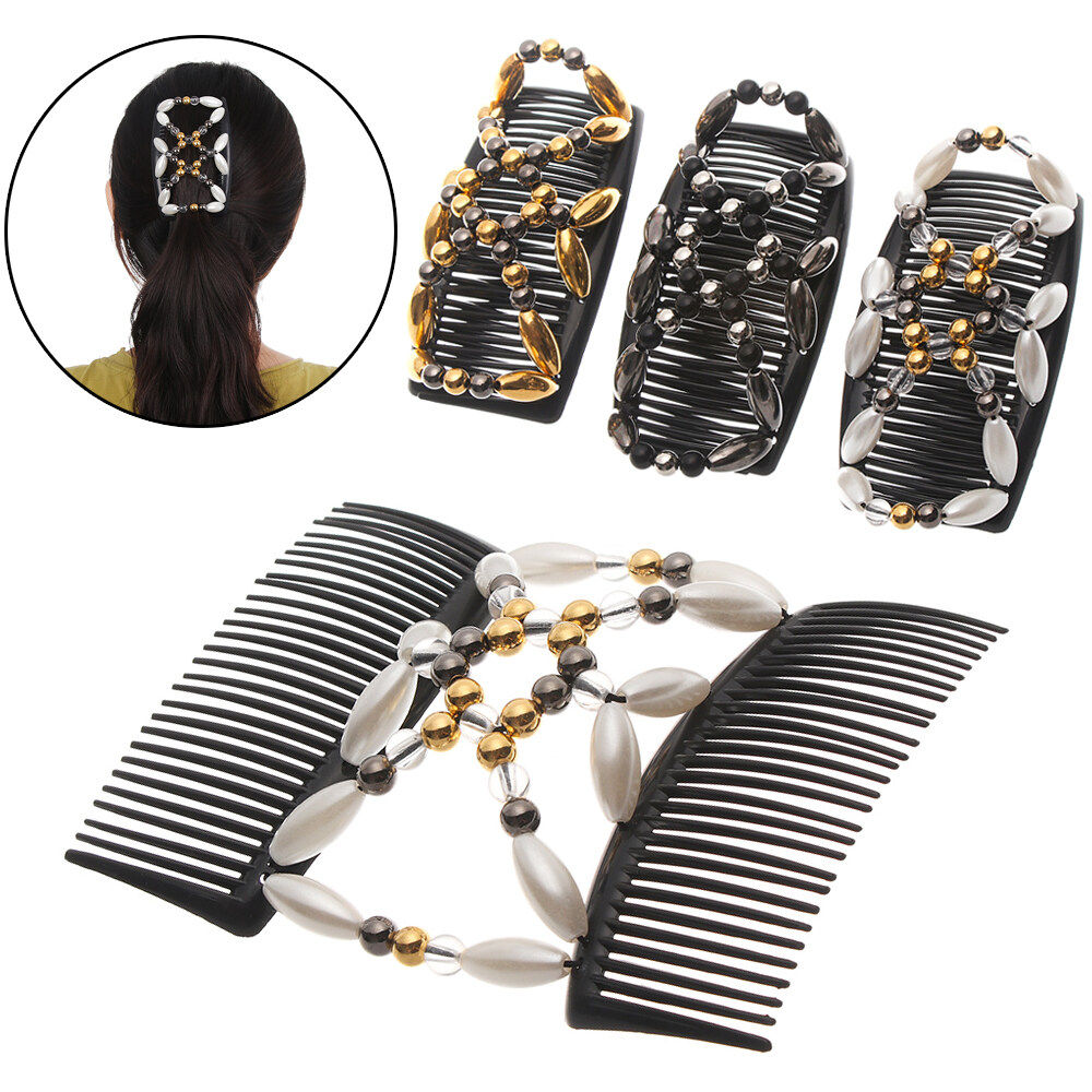 1* Ladies Women Bun Maker Stretch Handmade Magic Hair Comb Elastic Hairpin Beaded Hair Clip Double Comb