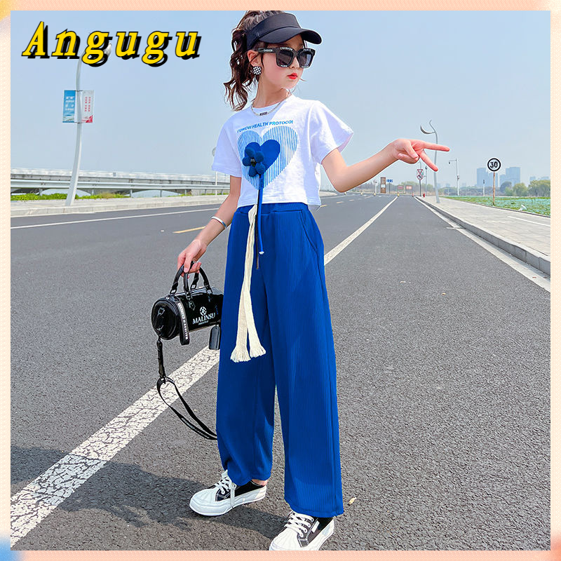 Angugu bộ quần ống rộng mùa hè cho bé gái bộ hai mảnh thể thao trẻ em lớn tay ngắn mùa hè nổi tiếng trên internet mới 2022