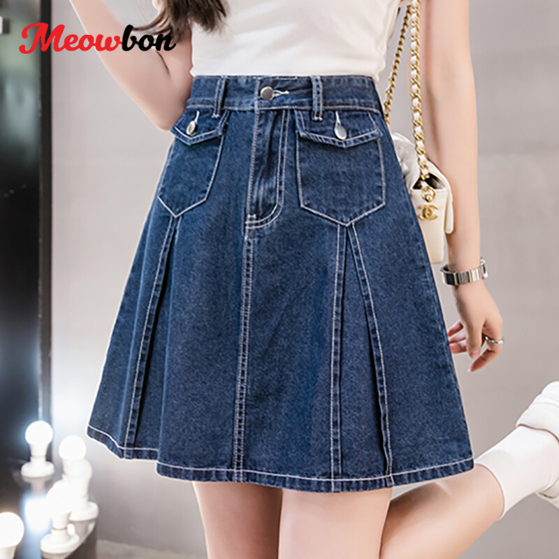 Mùa hè ngoại cỡ thời trang xếp li eo cao A-line Loose Flare Mini váy denim cho phụ nữ M L XL XXL XXXL 4XL 5XL 6XL