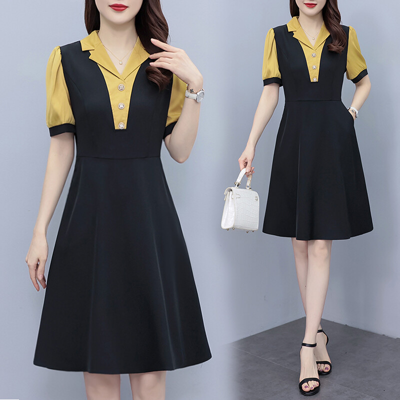 2023 Mùa Hè hợp thời trang mới Và Thời Trang kích thước lớn Phụ Nữ Mỏng Pháp Phù Hợp Với Cổ Áo Ghép váy cá tính