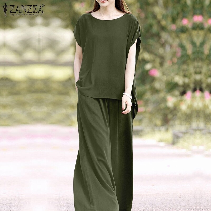 MOMONACO ZANZEA Muslimah 2 Bộ Đồ Thể Thao Rộng Rãi Thường Ngày Hồi Giáo Cho Nữ Trang Phục Áo Ba Lỗ Quần Ống Rộng Bộ Đồ MCO