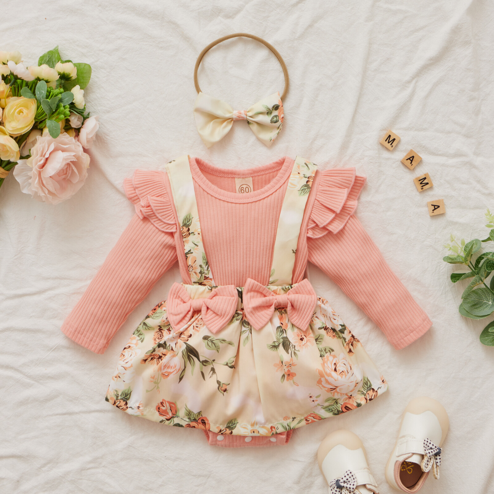 Bộ áo liền quần dài tay có gân cho bé gái sơ sinh váy áo liền quần hoa thắt nơ kèm băng đô trang phục mùa xuân thu