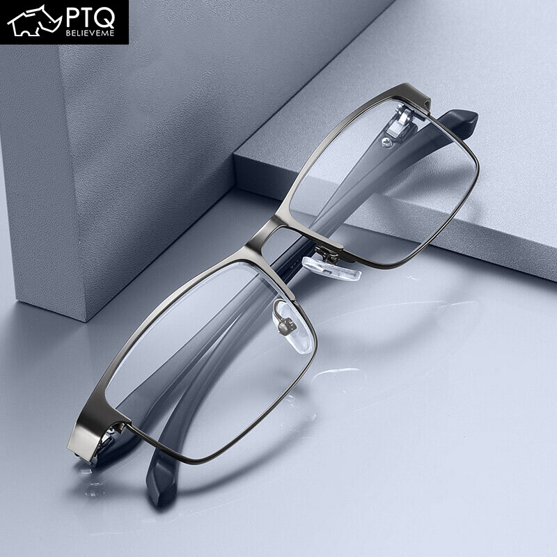 PTQ Anti Blue Light Reading Glasses Men Business Stainless Steel Frame Presbyopia Glasses with Grade + 100 +150 +200 +250 +300 +350 +400