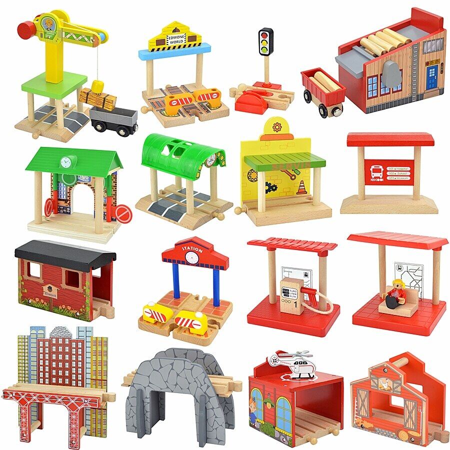 {“：》 Wooden Railway Track Accessories Tunnel Cross Bridge Gas Station Train Cross Road Block Wood Train Track Children Brick Toy Gift
