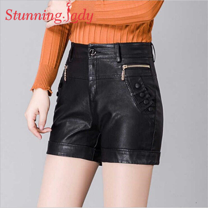 Tuyệt Đẹp Lady Quần Đùi Da Của Phụ Nữ Mùa Thu Và Mùa Đông Phong Cách Mới Rộng Hàn Quốc Chân Cao Eo Phù Hợp Với Quần Short Loose Kích Thước Lớn Pu Quần Da Của Phụ Nữ Bên Ngoài Khởi Động Quần