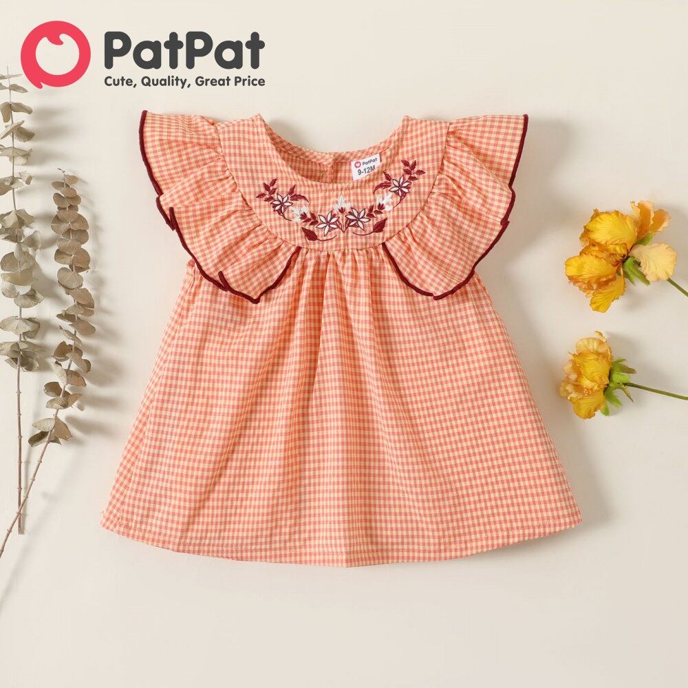 PatPat Baby Girl Floral Embroidered Ruffled Gingham Tank Top