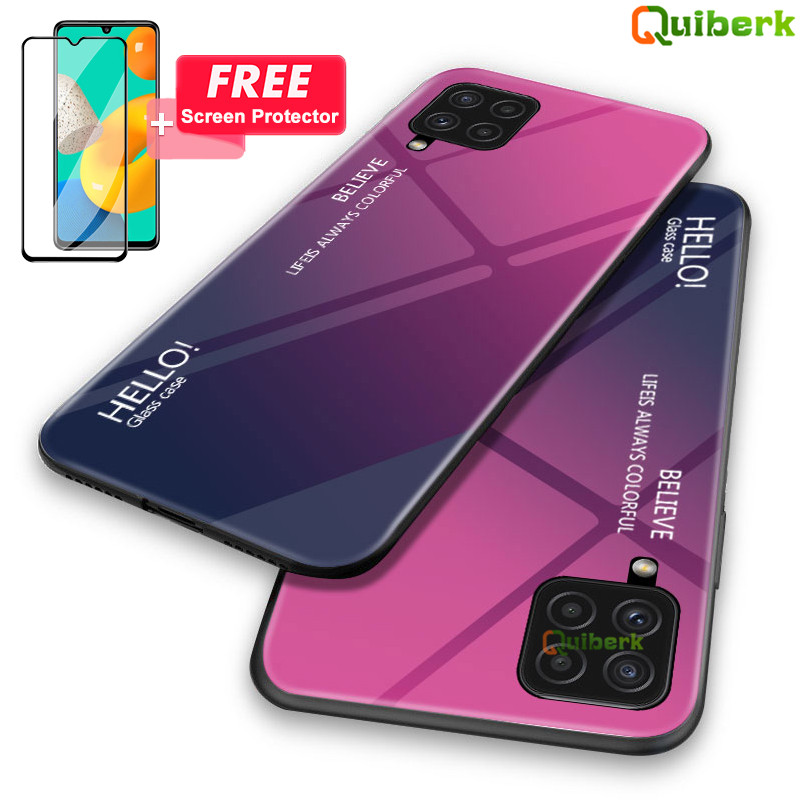 Cho Samsung Galaxy M32 Vỏ kính Hard Gradient Bảo vệ chống xước Nắp lưng + Miếng Dán Màn Hình Kính Cường Lực Miễn Phí