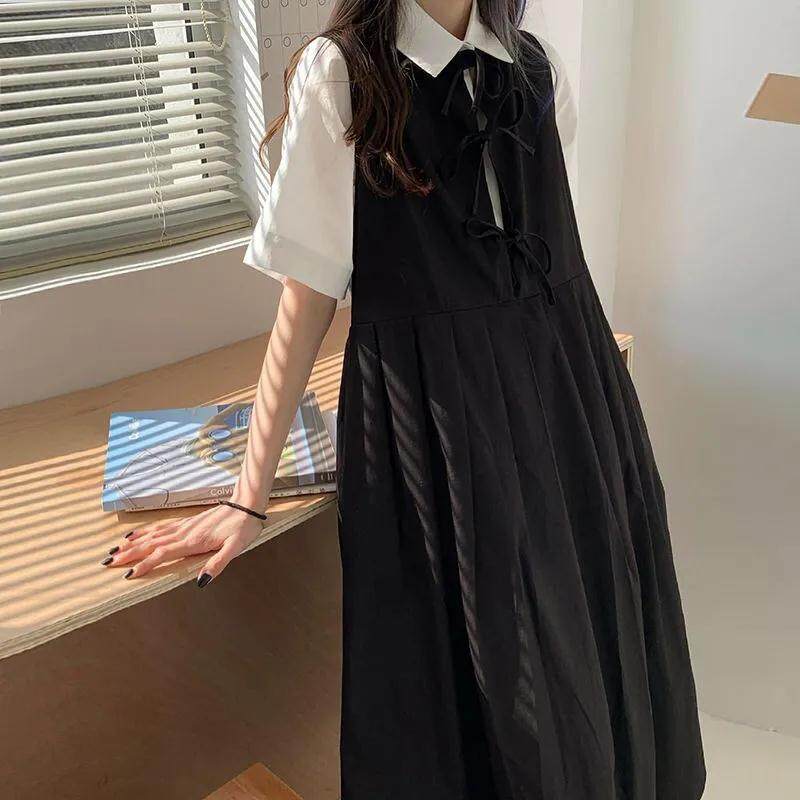 [Two sides can be worn] Korean style Japanese style mid-length suspender dress female student suspender dress summer one-piece suit