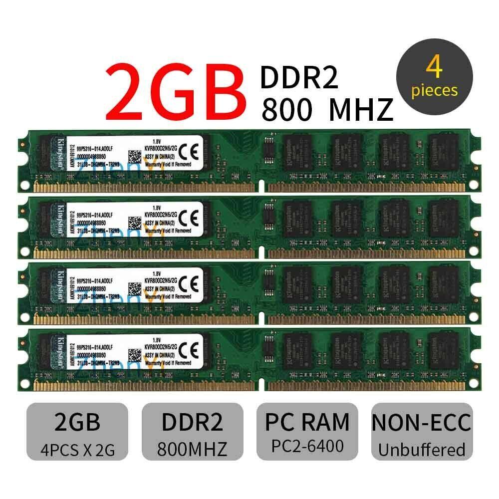 For King ston 8GB 8G 4x 2GB PC2-6400U DIMM DDR2-800 1.8V Desktop Intel Memory