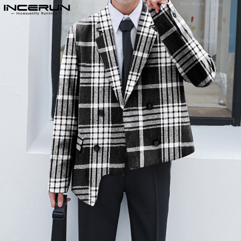 (Phong Cách Hàn Quốc) INCERUN Áo Blazer Nam Dài Tay Kẻ Ca Rô Áo Khoác Thông Minh Trang Trọng Thường Ngày Áo Khoác Túi Hộp Dáng Rộng