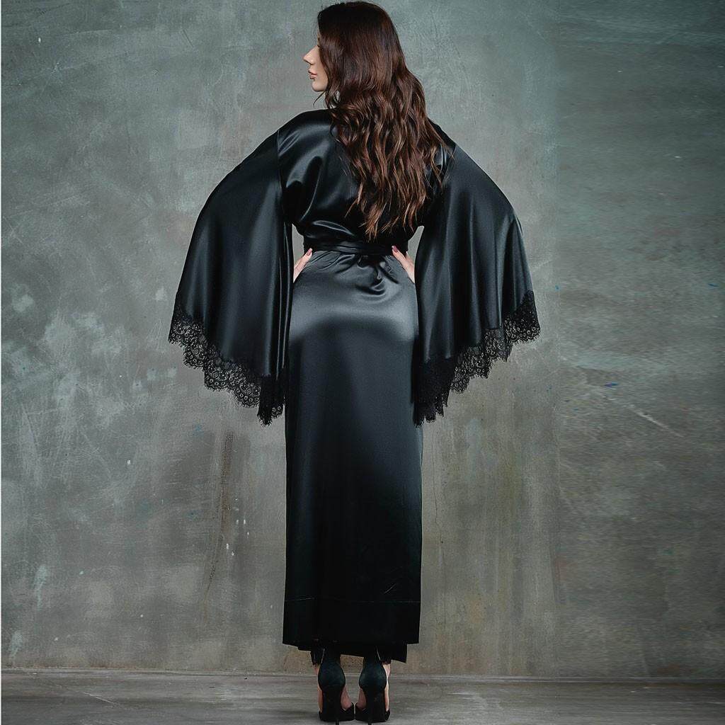 EEQ Áo Choàng Tắm Dài Kimono Ren Satin Gợi Cảm Cho Nữ Đồ Lót Đồ Ngủ Thắt Lưng Đồ Ngủ-Bộ Ngoại Cỡ Màu Đen 10
