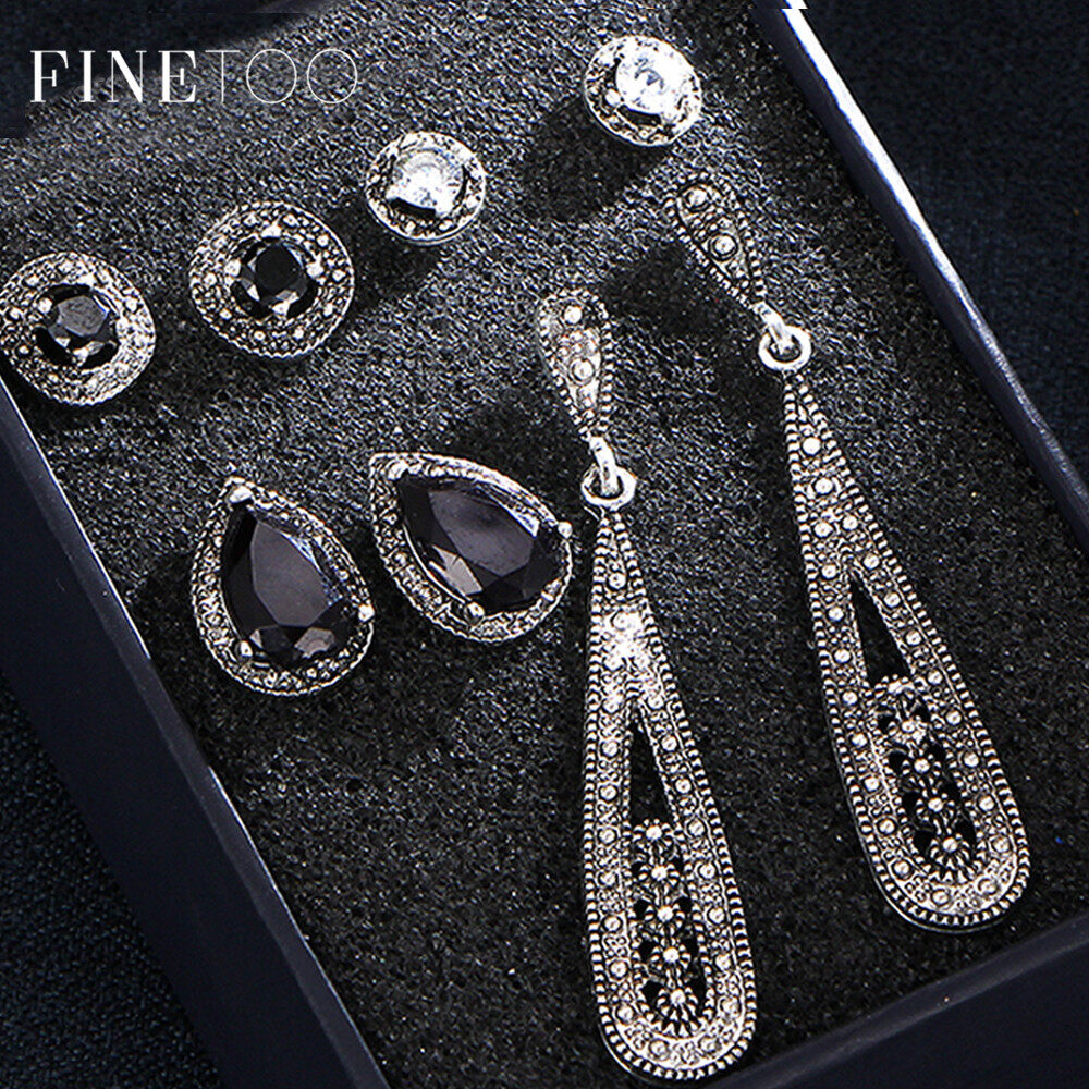 ★Tốt Quá★9 Thiết Kế Vintage Giọt Nước Thủy Tinh Người Phụ Nữ Của Bộ Bông Tai Đá Đen Màu Bạc Hình Học Trang Sức Hình Tròn Bông Tai Trang Sức Bohemia