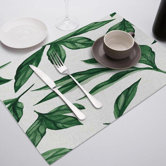 ลายใบไม้เขียว Placemats สำหรับโต๊ะทานอาหารเสื่อใบ Photo แผ่นรองแก้วตกแต่งบ้านร้านอาหารบนโต๊ะอาหารผ้าเช็ดปาก