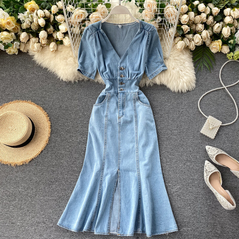 Đầm denim đuôi cá ôm sát gợi cảm cổ chữ v xẻ thấp hở eo cho nữ mùa hè 2022