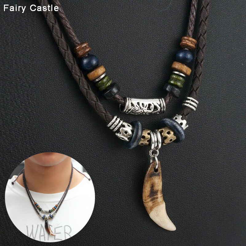 1PC Bohemia Wolf Tooth Pendant Leather Beaded Weaved Necklace Gift Jewelry For Men Women