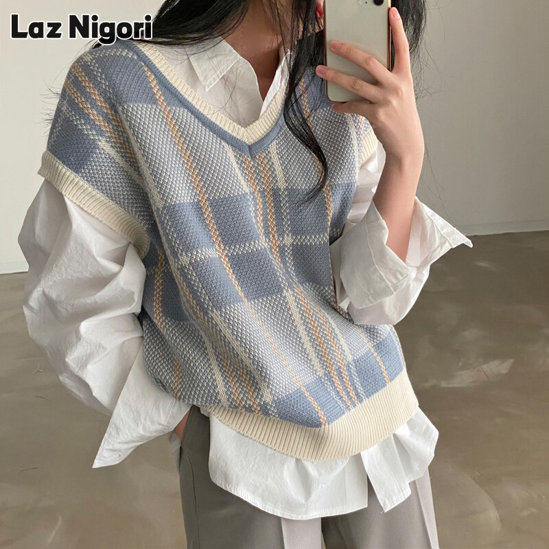 Laz nigori của phụ nữ vest Retro văn học phong cách họa tiết áo len rộng vest áo nhiều lớp