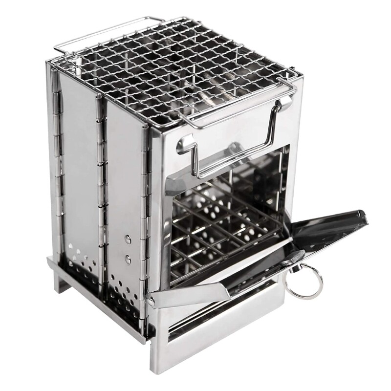 Lò đốt trại bằng gỗ, vỉ nướng gấp bằng thép không gỉ bếp củi, dành cho sinh tồn ngoài trời cắm trại nấu ăn dã ngoại bbq