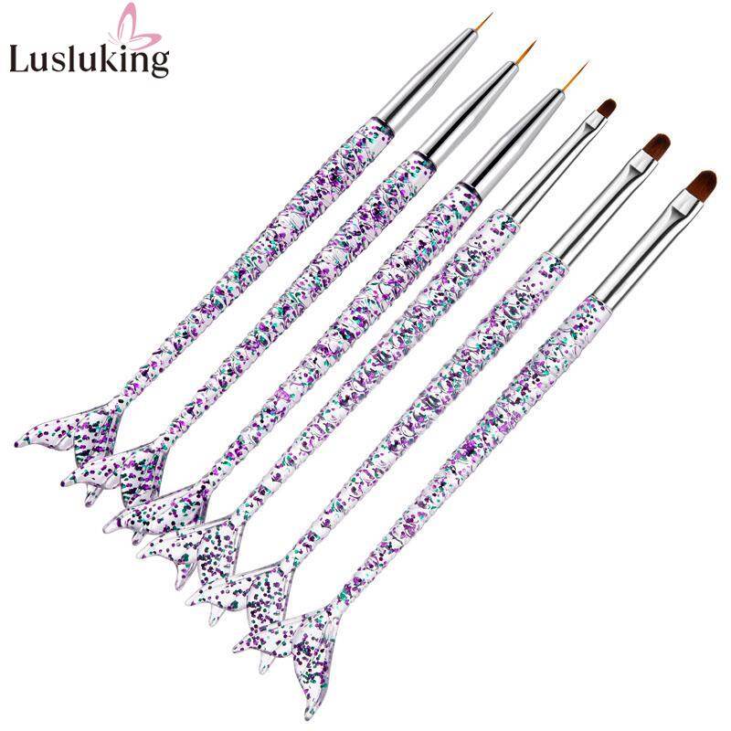 3/6pcs set cọ vẽ móng nghệ thuật, bút kẻ móng tay uv acrylic đuôi nàng tiên cá bộ bút cọ vẽ chi tiết bút vẽ chấm móng tay cầm kim cương giả