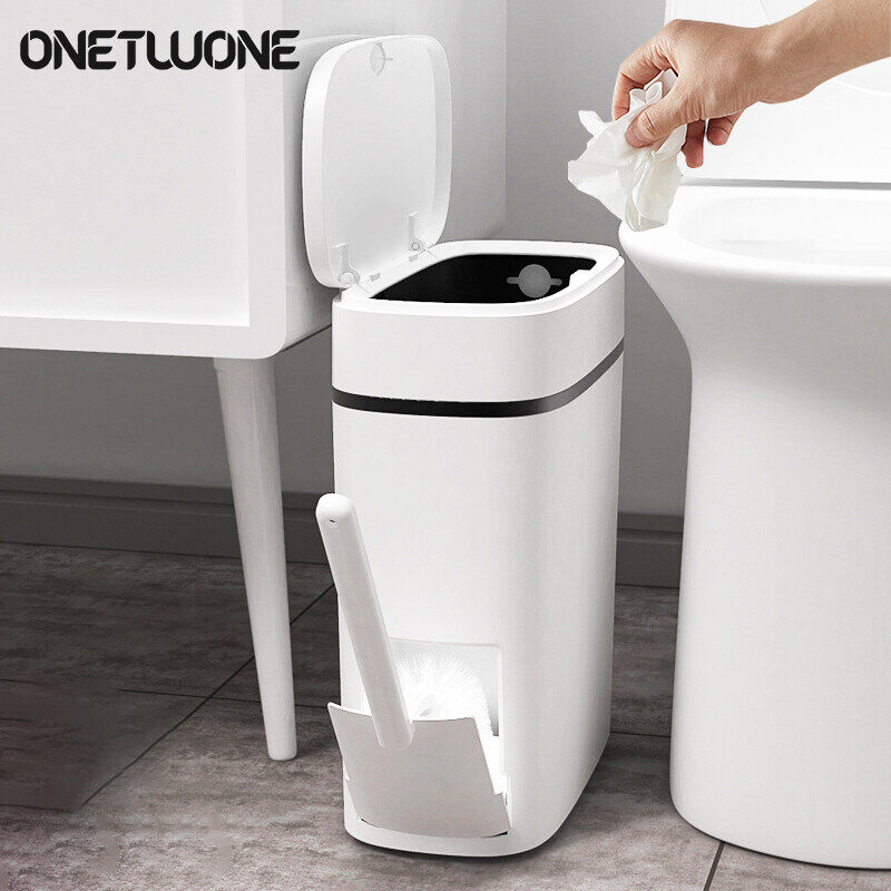 Onetwone 2 in 1 Toilet Trash Can Set with Toilet Brush 14L Bathroom Waterproof Rubbish Bin Anti-odor Garbage Can with Cover Narrow Waste Container Bathroom Trash Bin ราคา 564 บาท*ส่งฟรี