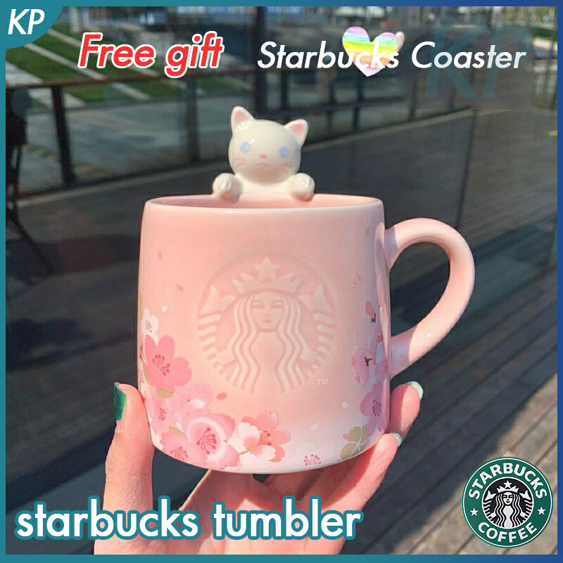 Quà tặng miễn phí cốc starbuck thìa cốc starbuck cốc anh đào màu hồng mèo dễ thương cốc cà phê gốm nàng tiên cá để bàn 355ml