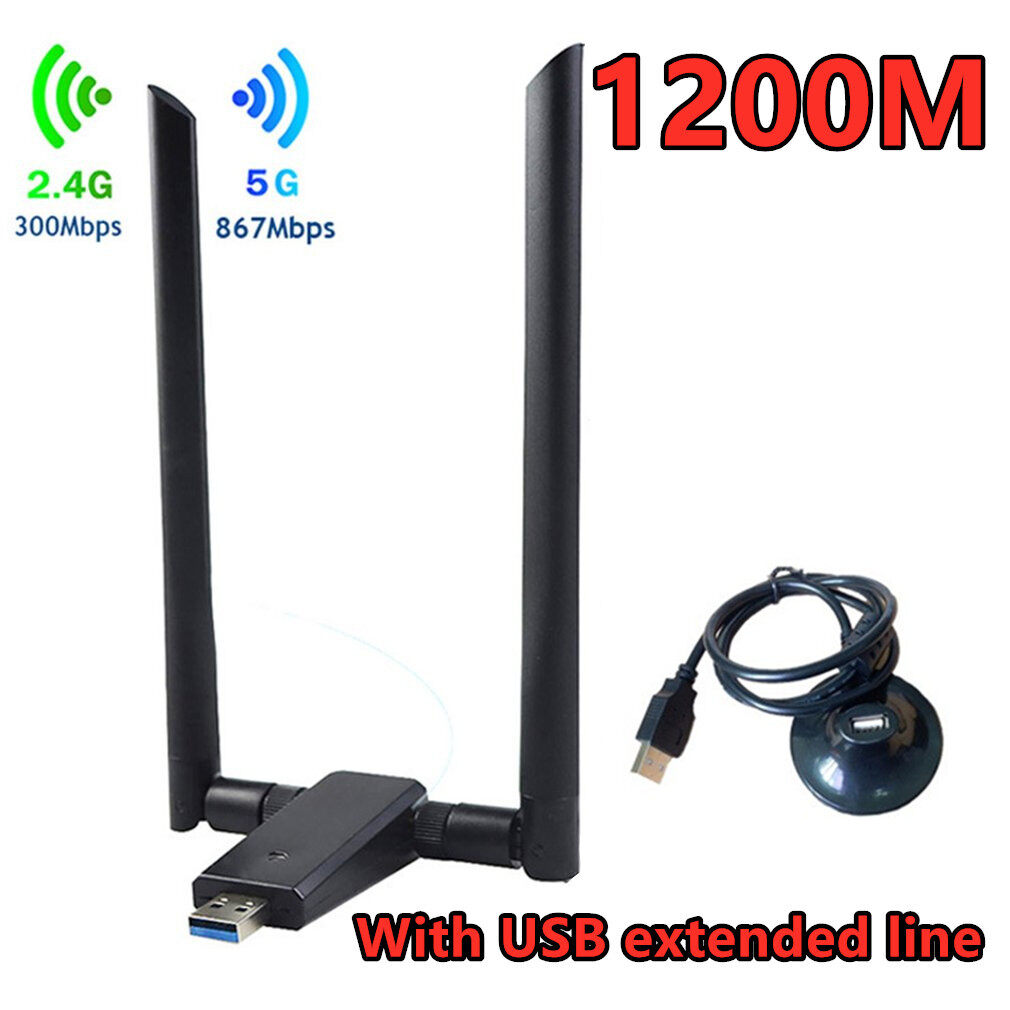 ที่ดีที่สุดขาย USB อะแดปเตอร์ WiFi 1200Mbps ยาว 11AC ไร้สายการ์ดเน็ตเวิร์ก USB 3.0 ความถี่ Dual 2.4G/5.8G สายอากาศคู่ WiFi Dongle Receiver