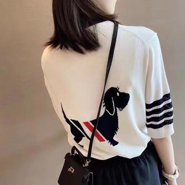 Thom Browne TB Áo Dệt Kim Dáng Rộng Mỏng Thêu Họa Tiết Hoạt Hình Đại Học Tay Ngắn Áo Thun Cổ Bẻ