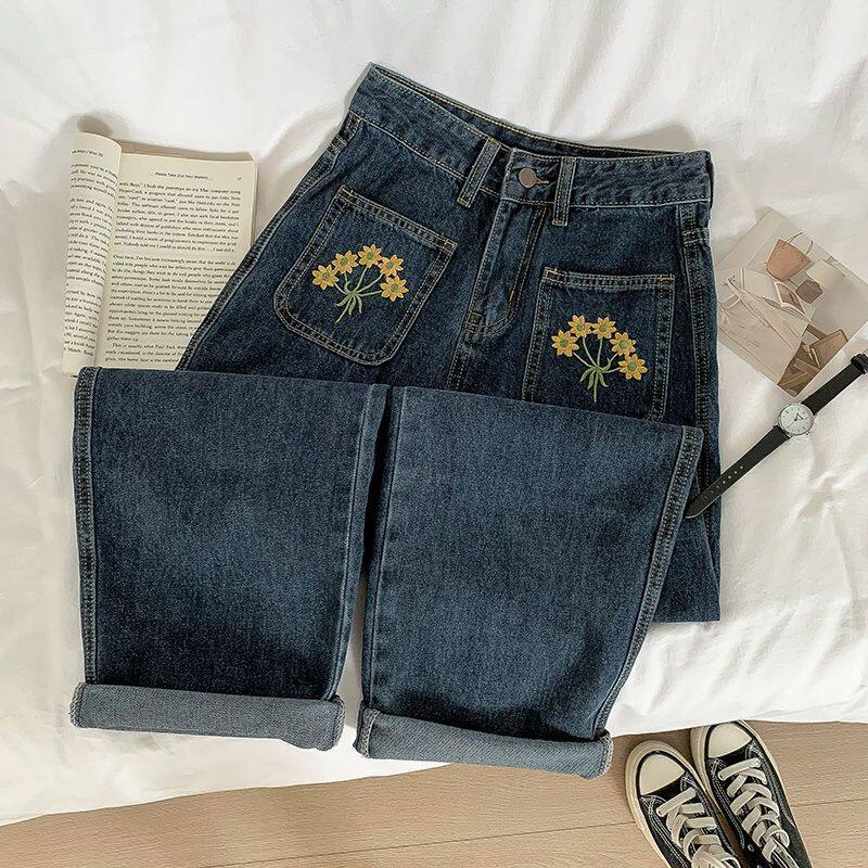 Quần bò thêu hoa ngoại cỡ cổ điển quần baggy ống rộng thời trang cạp cao mới mùa thu 2023 cho nữ quần bò nữ