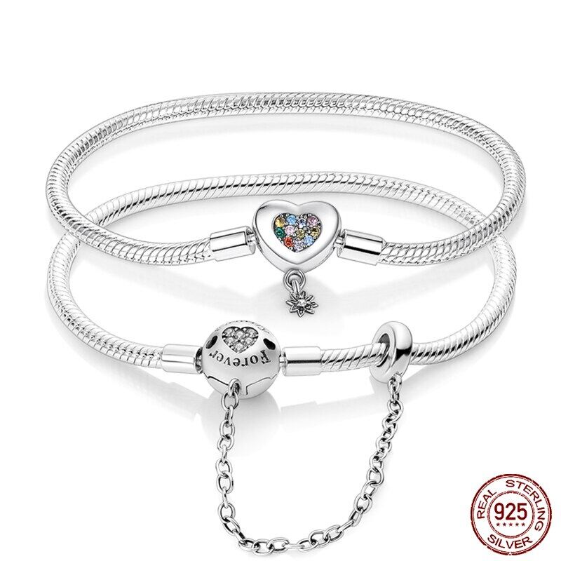 {:“-- Mới 6.69-7.87'' plata de ley 925 Dây chuyền kiểu da rắn đầy màu sắc trái tim CZ Vòng đeo tay & Bangle vừa khít gốc Pan hạt charm tự làm làm đồ trang sức