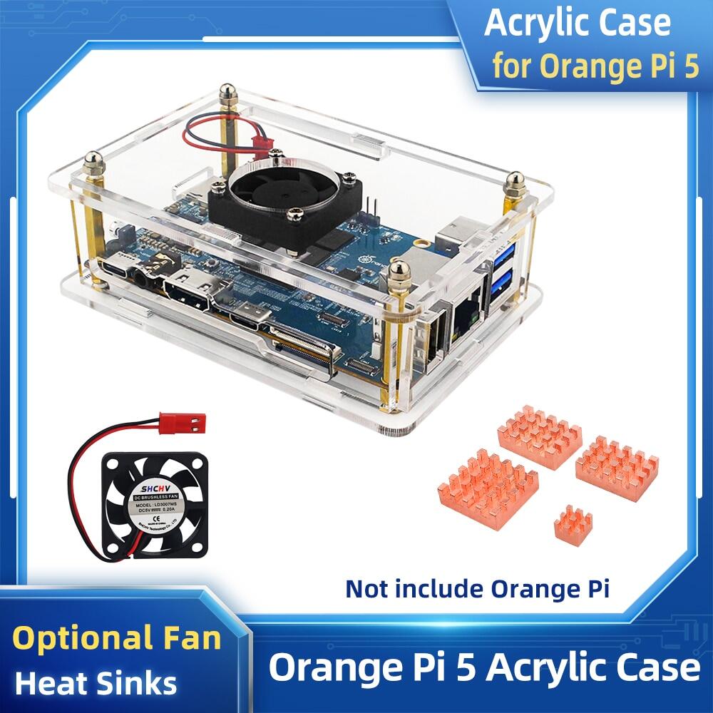 Vỏ acrylic pi 5 màu cam vỏ bảo vệ vỏ trong suốt quạt làm mát chủ động tùy chọn quạt tản nhiệt nhôm đồng cho opi 5