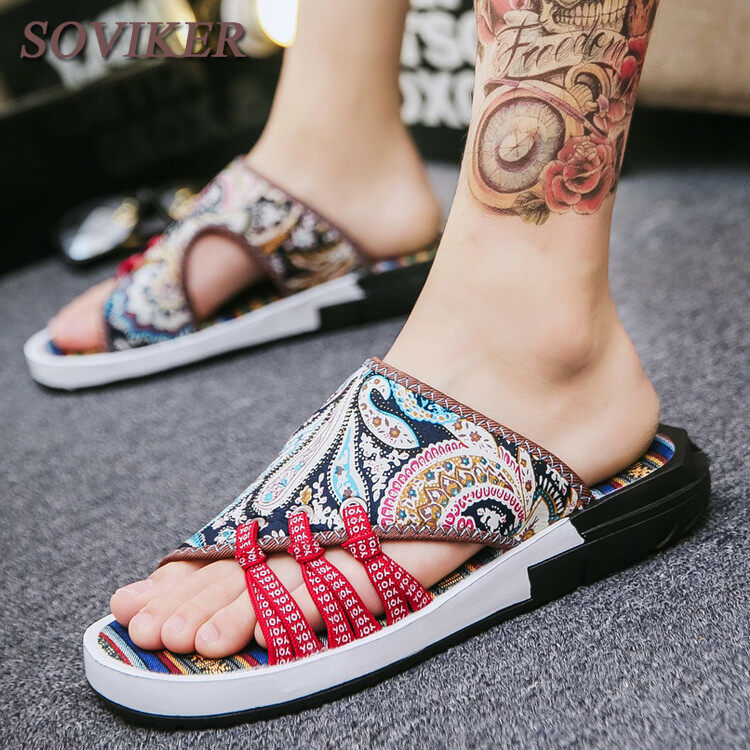 SOVIKER Dép Xỏ Ngón Nam Dép Giày Nam Đế Bệt Phong Cách Dân Tộc Giày Đế Bệt Thời Trang Dép Thoải Mái Cho Giày Nam Đi Biển Dép