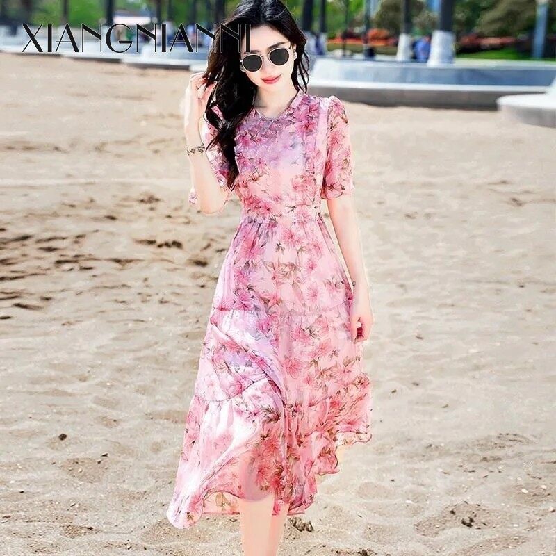 Xiang Nian ni váy hoa ôm eo A-line giữa Chiều dài đầm