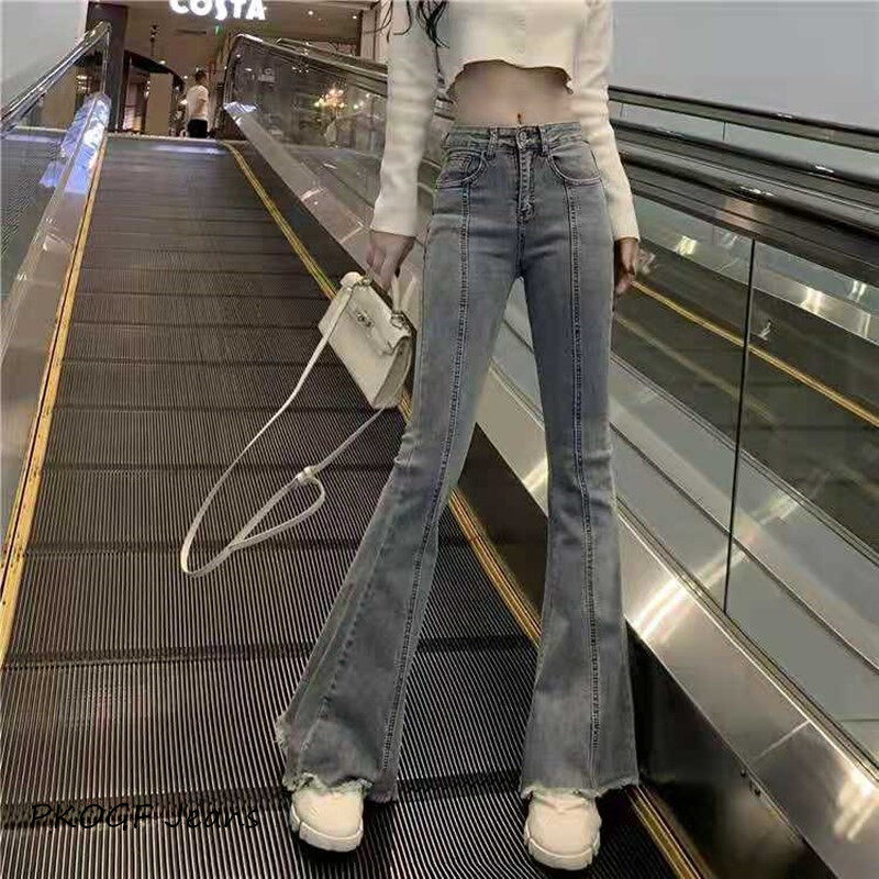 Quần Jeans Bó Sát Cạp Cao Cho Nữ, Quần Dài, Cạp Cao, Co Giãn, Đáy Chuông