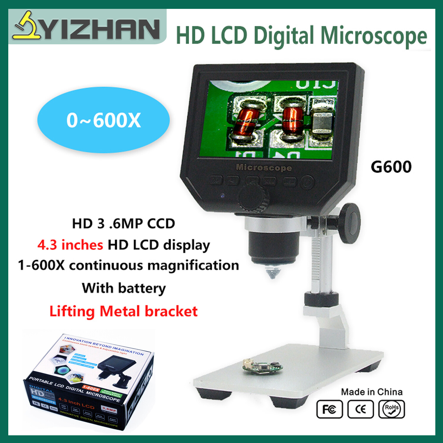Yizhan kính hiển vi mini màn hình lcd kính hiển vi điện tử kính hiển vi video kỹ thuật số led cầm tay zoom 3,6mp với giá đỡ hợp kim nhôm g600