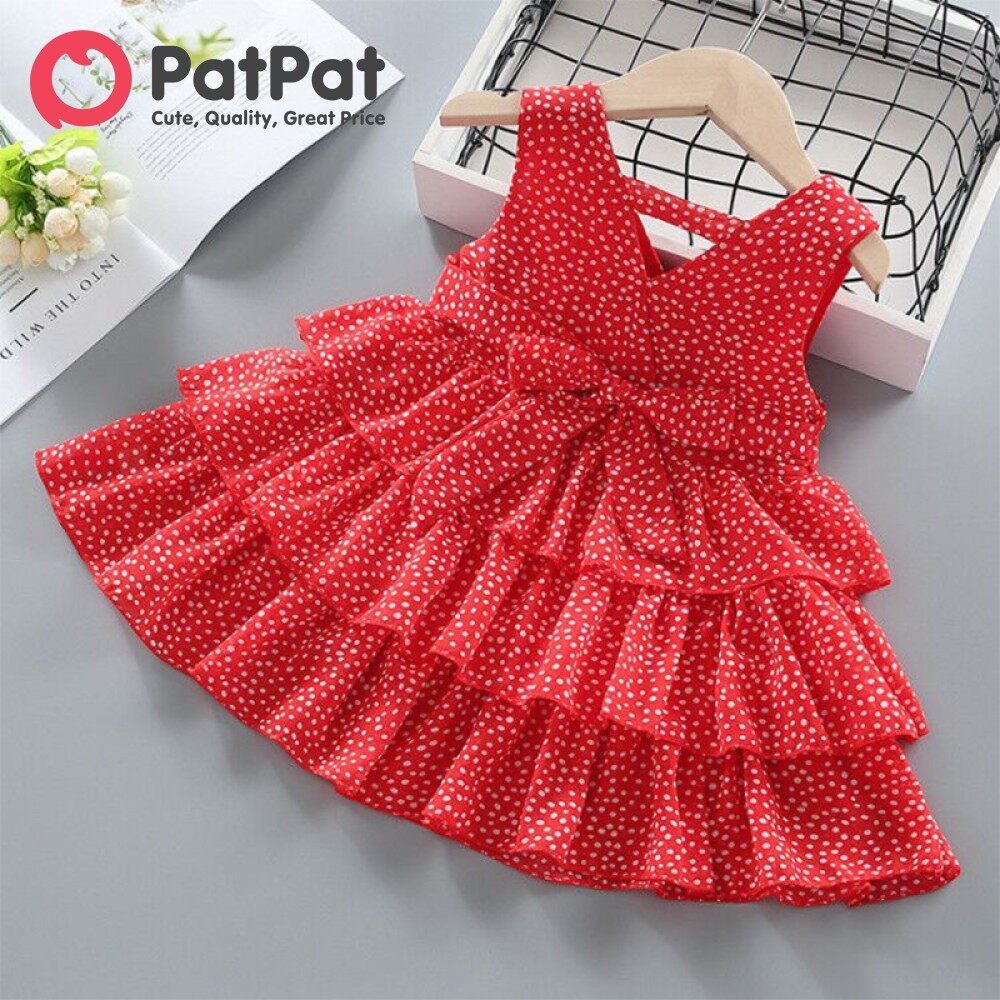 Patpat đầm không tay xếp tầng xòe họa tiết chấm bi hoặc hoa