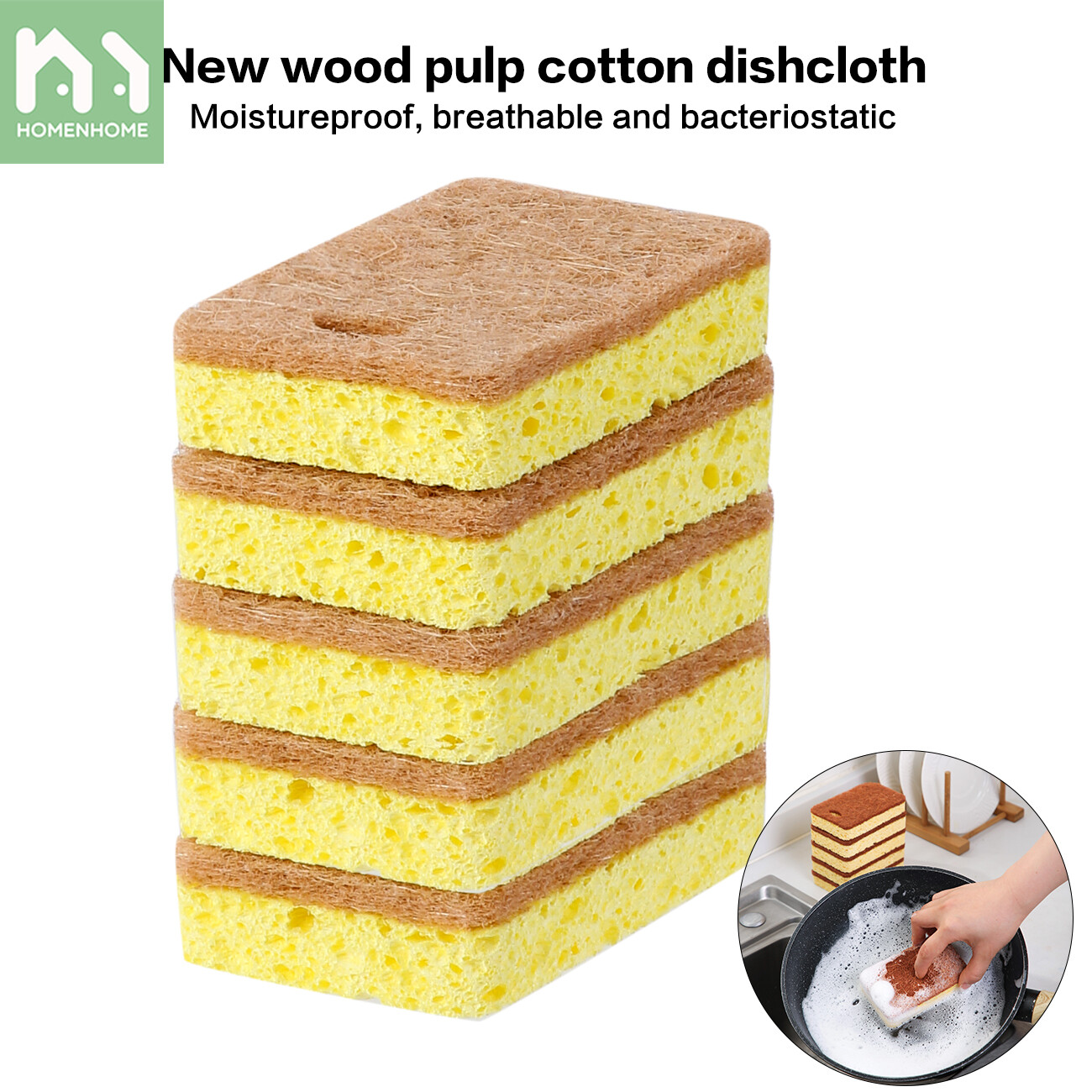 Homenhome 5 miếng bọt biển miếng cọ rửa dễ tẩy dầu mỡ thấm hút rửa bát đĩa