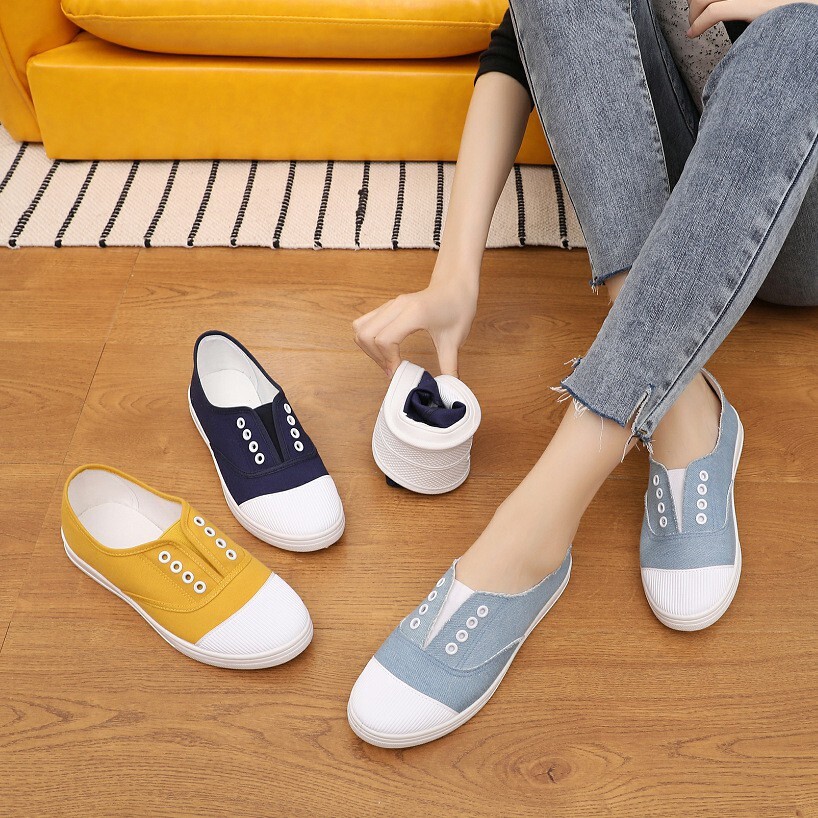 Giày Bệt Nữ Giày Vải Cổ Thấp Cho Học Sinh Giày Nữ Thường Ngày Giày Lười Giày Trắng