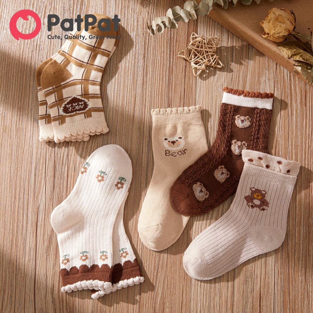 PatPat 5-pairs Baby Toddler Cartoon Bear Pattern Crew Socks Set