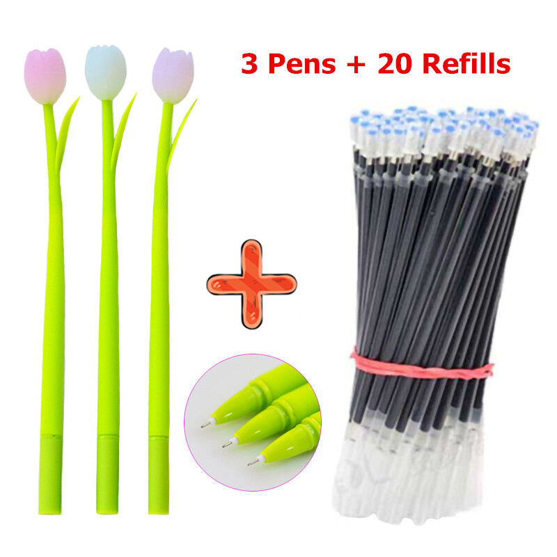 3 bút gel + 20 bút gel nạp lại bút ký quả đào hoa tulip silicon sáng tạo 0.38mm
