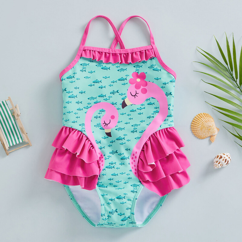 FairydDreams 2023 áo liền quần mùa hè bé gái tập đi mới bikini, họa tiết hình con cá nhỏ Flamingo đồ bơi xếp diềm không tay