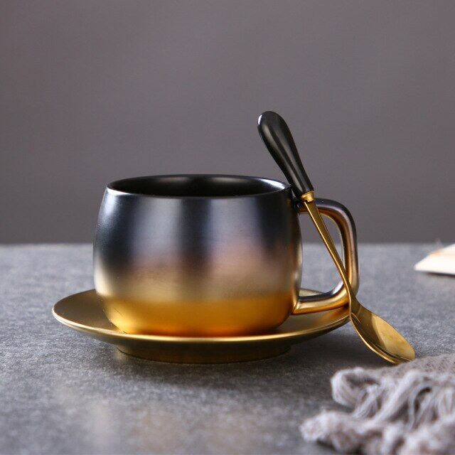Cốc cà phê mờ sang trọng, cốc gốm cẩm thạch màu đen, đĩa cốc cà phê cafe cốc vại tách trà sữa đôi creativas hộp quà tặng