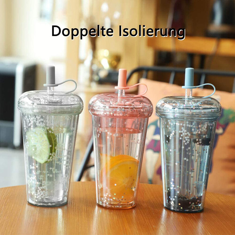 BEAUTYBIGBANGcốc Lấp Lánh 420ML, Bình Nước Cho Bé Gái Đồ Uống Bằng Nhựa Hai Lớp Có Ống Hút, Chai Nước Đồ Dùng Học Tập Cắm Trại