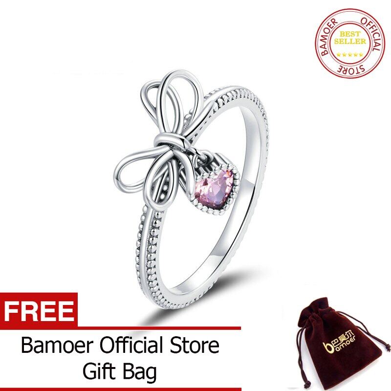 BAMOER Quà Tặng Bằng Bạc Ý 925 Kèm Nơ Nhẫn Đeo Tay Cho Nữ Nhẫn Xếp Chồng Cổ Điển Retro Trang Sức Bạc Tinh Xảo SCR682