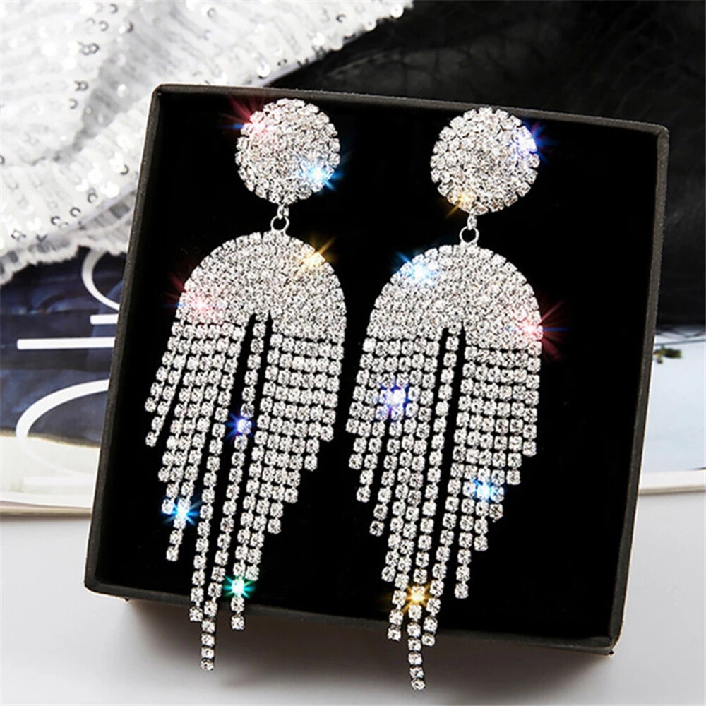 Fang Fang Bông Tai Dáng Dài Tua Rua Pha Lê Cho Nữ Trang Sức Hình Học Bông Tai Đính Đá Nguyên Khối Quà Tặng Trang Sức To Bản