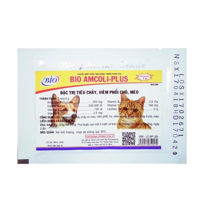 Bio amcoli plus - tiêu chảy - viêm phổi chó mèo - gói 5g