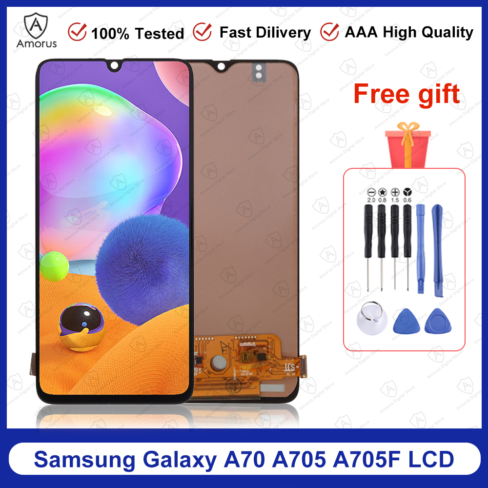 Màn hình cảm ứng màn hình LCD Amorus Original dành cho màn hình cảm ứng LCD Samsung Galaxy A70 Số hóa toàn bộ Màn hình đã được kiểm tra lắp ráp Thay thế cho Bảng điều khiển màn hình LCD Samsung Galaxy A70 A705 A705F + công cụ sửa chữa miễn phí